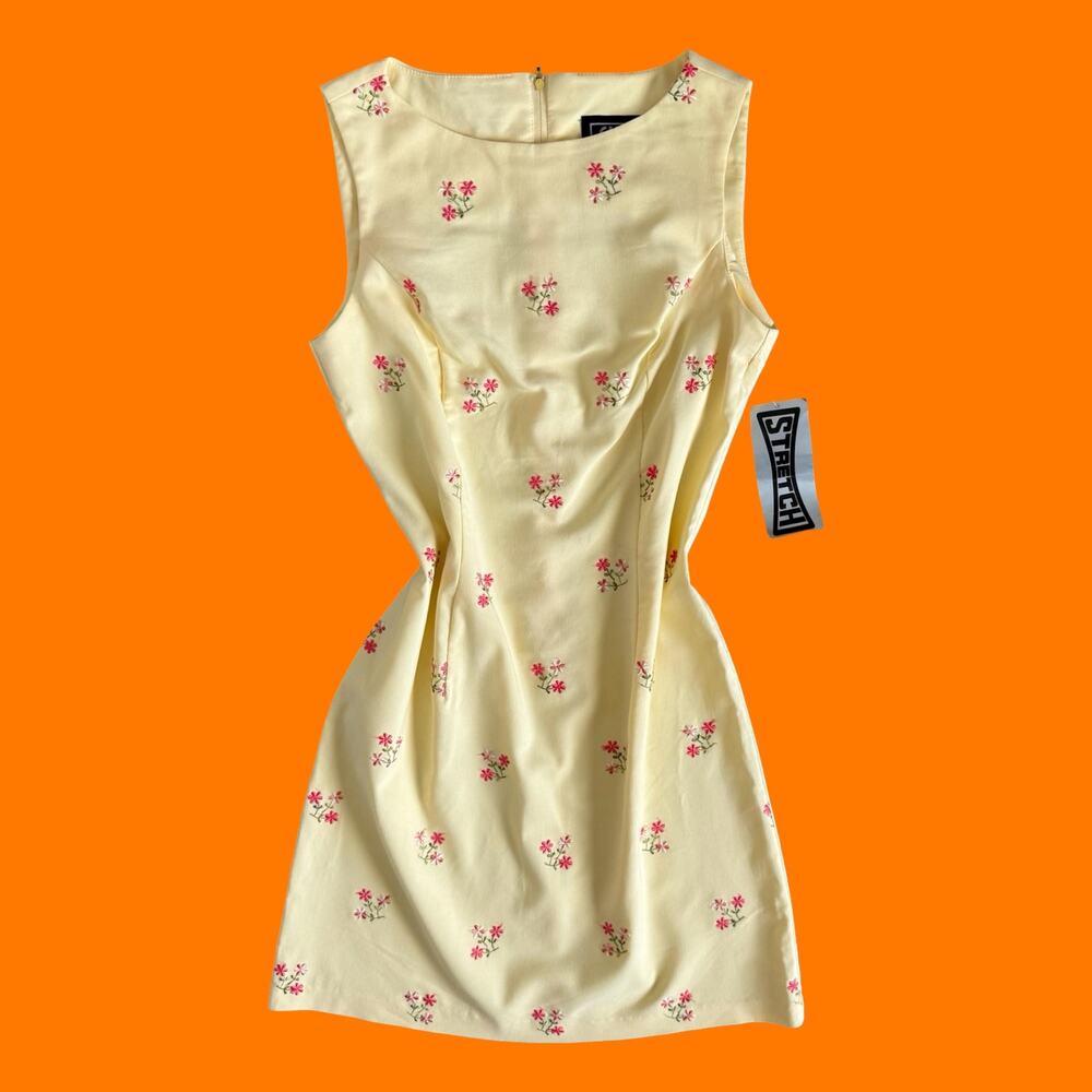 90's vintage yellow ditsy floral bodycon y2k mini dress Size 11/12 *deadstock*